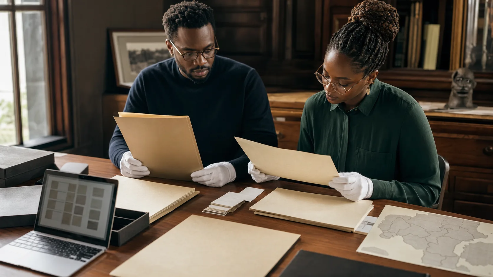 Nigerian and diaspora heritage researchers reviewing blank archive folders for Benin restitution evidence
