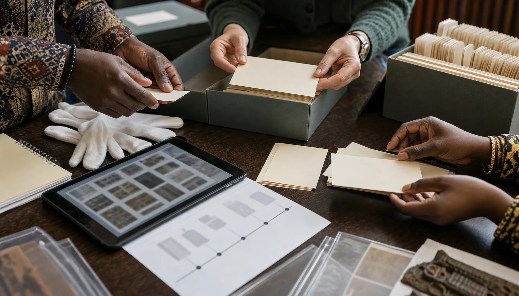Researchers sorting blank provenance cards, archive folders and blurred digital records into an evidence chain