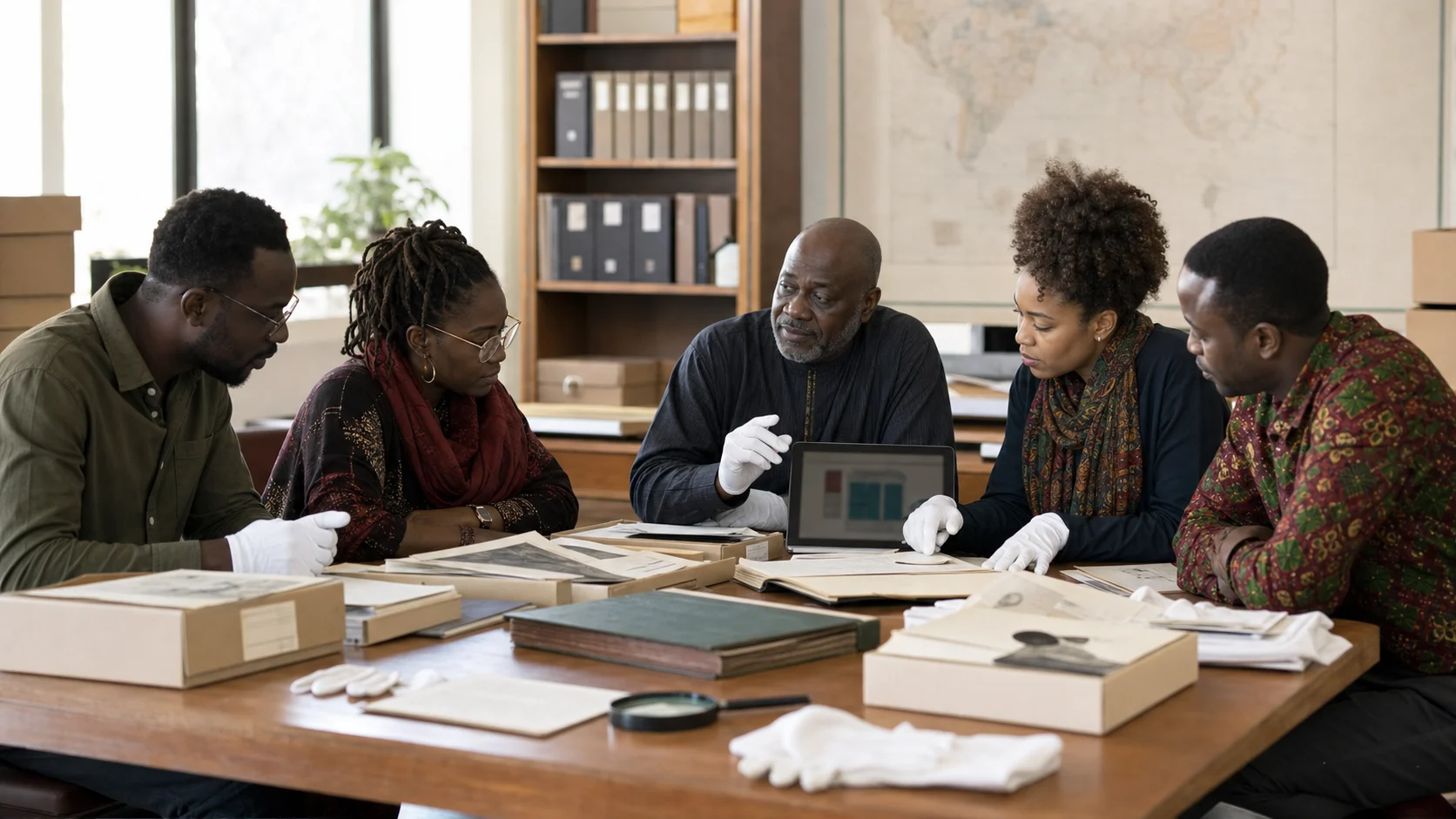 Heritage researchers review archival folders and digital provenance records in a quiet research room