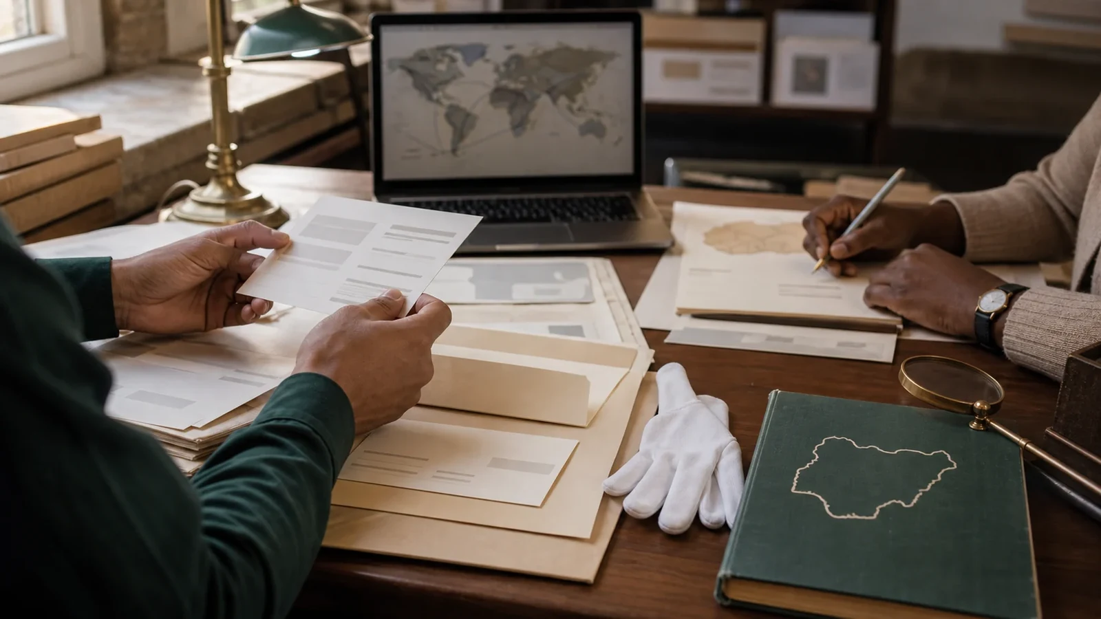 Archive desk with provenance papers, map materials and cultural heritage research records