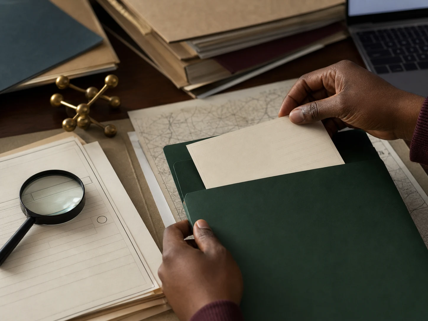 Close-up of hands placing a blank checklist card into a heritage research folder