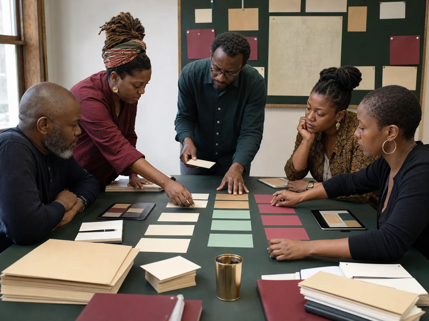 Diaspora workshop arranging blank evidence cards for a Benin restitution source packet
