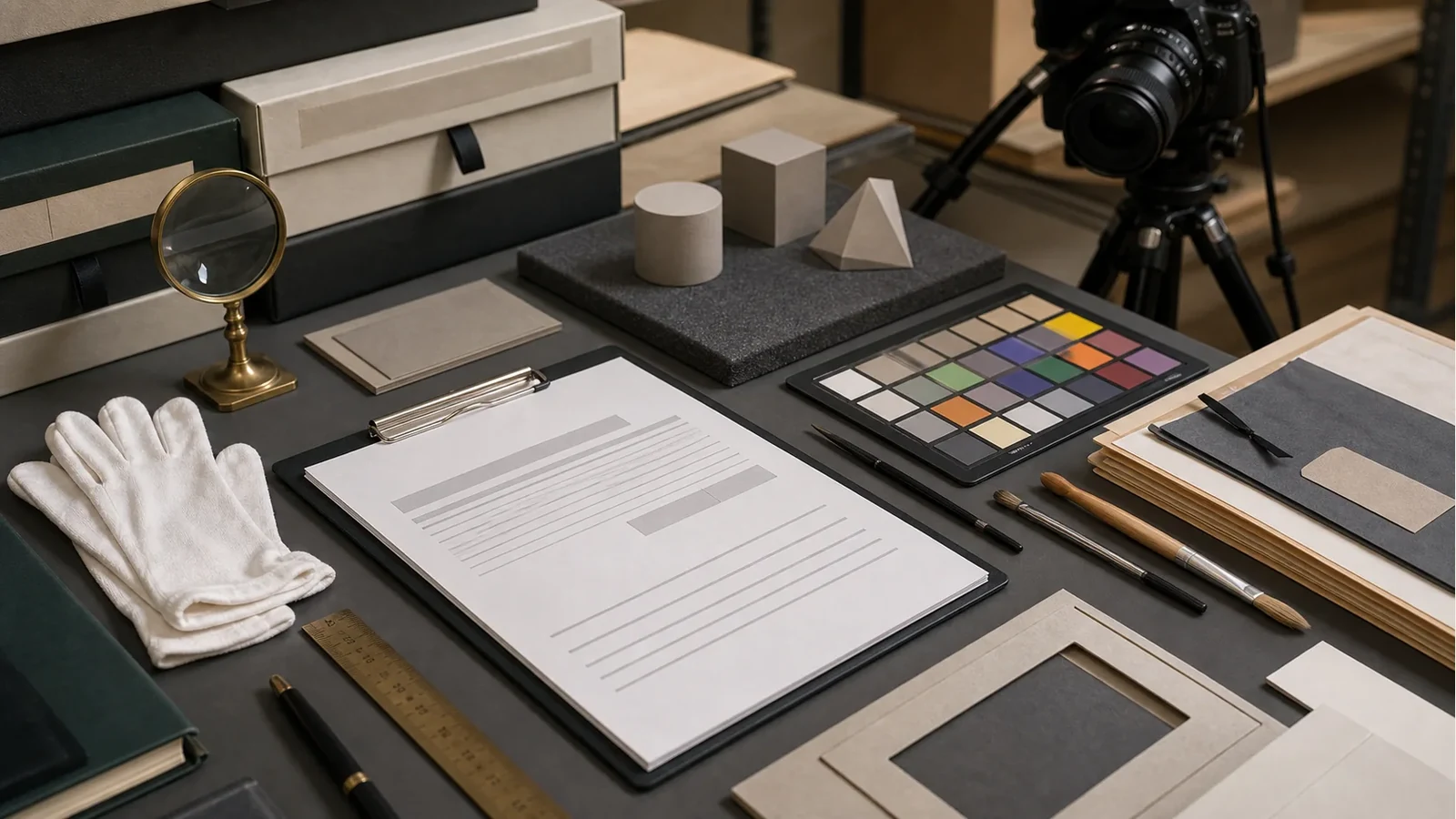 Documentation desk showing blank object records and oral history learning materials