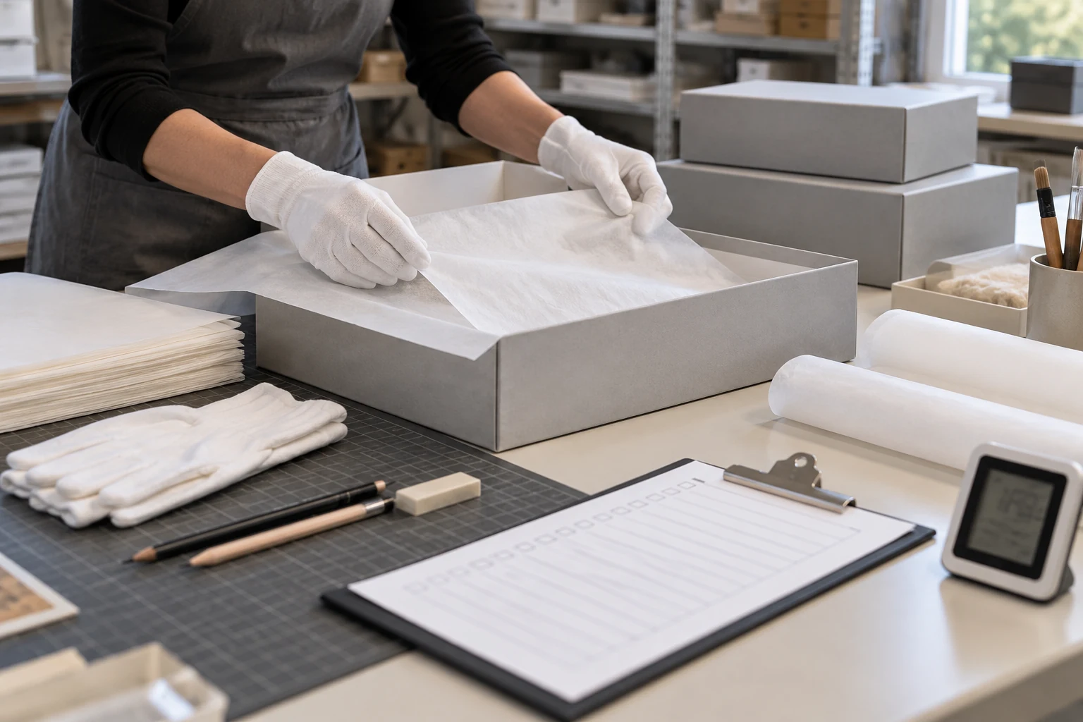 Gloved hands arranging acid-free tissue inside an archival storage box