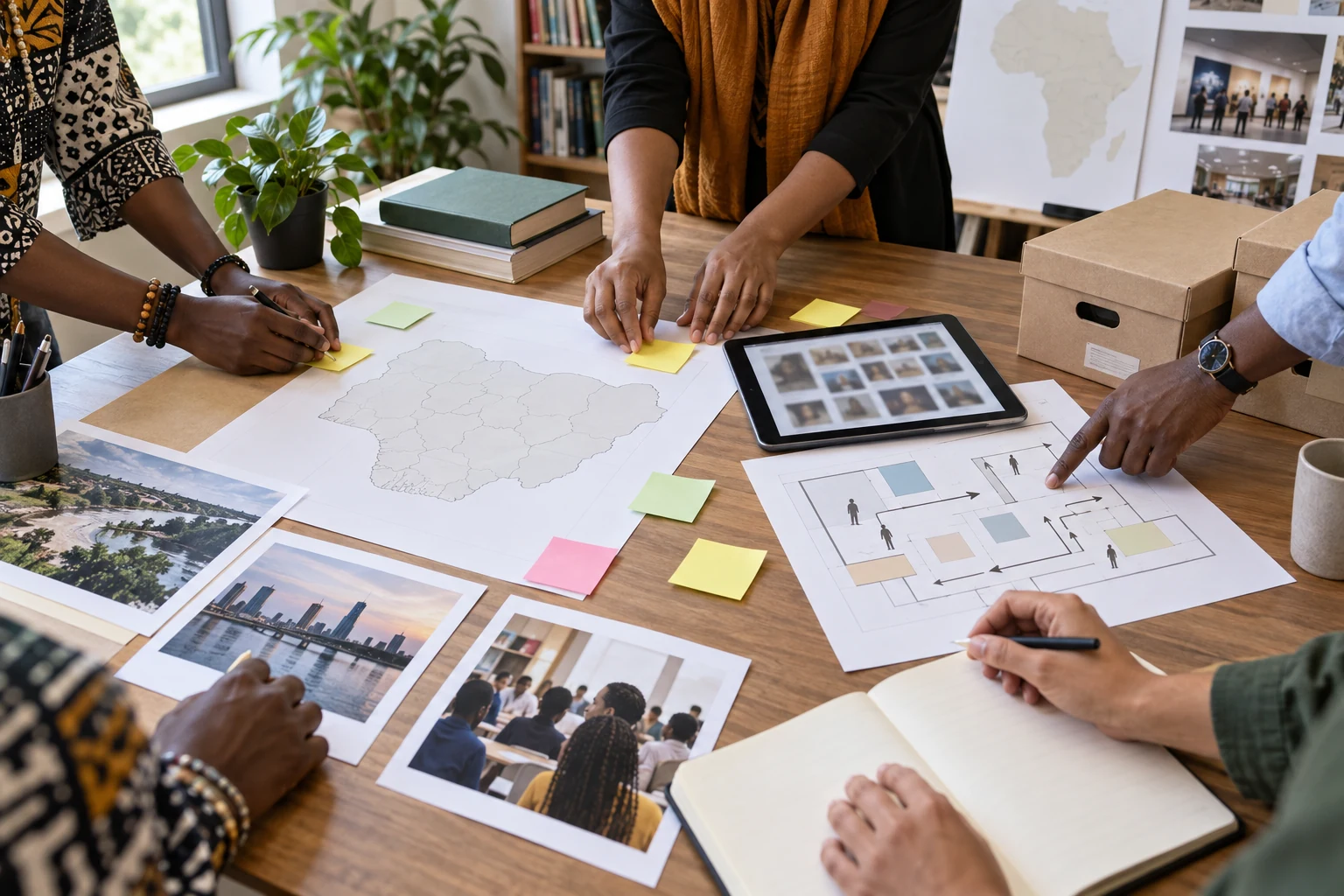 Heritage access planning table with maps, diagrams and blurred digital records