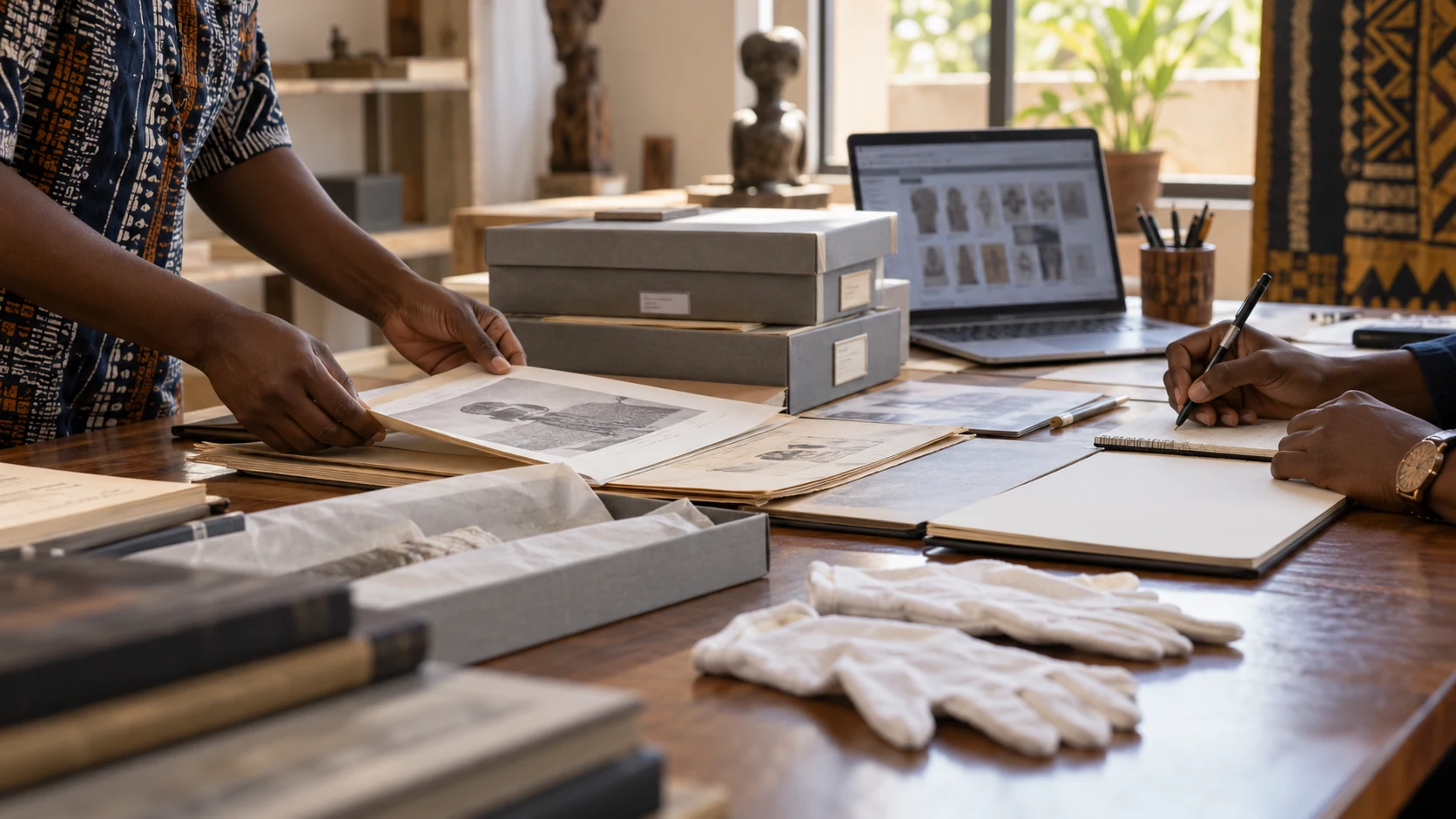 Conservation planning table with archival boxes, gloves and blurred heritage records