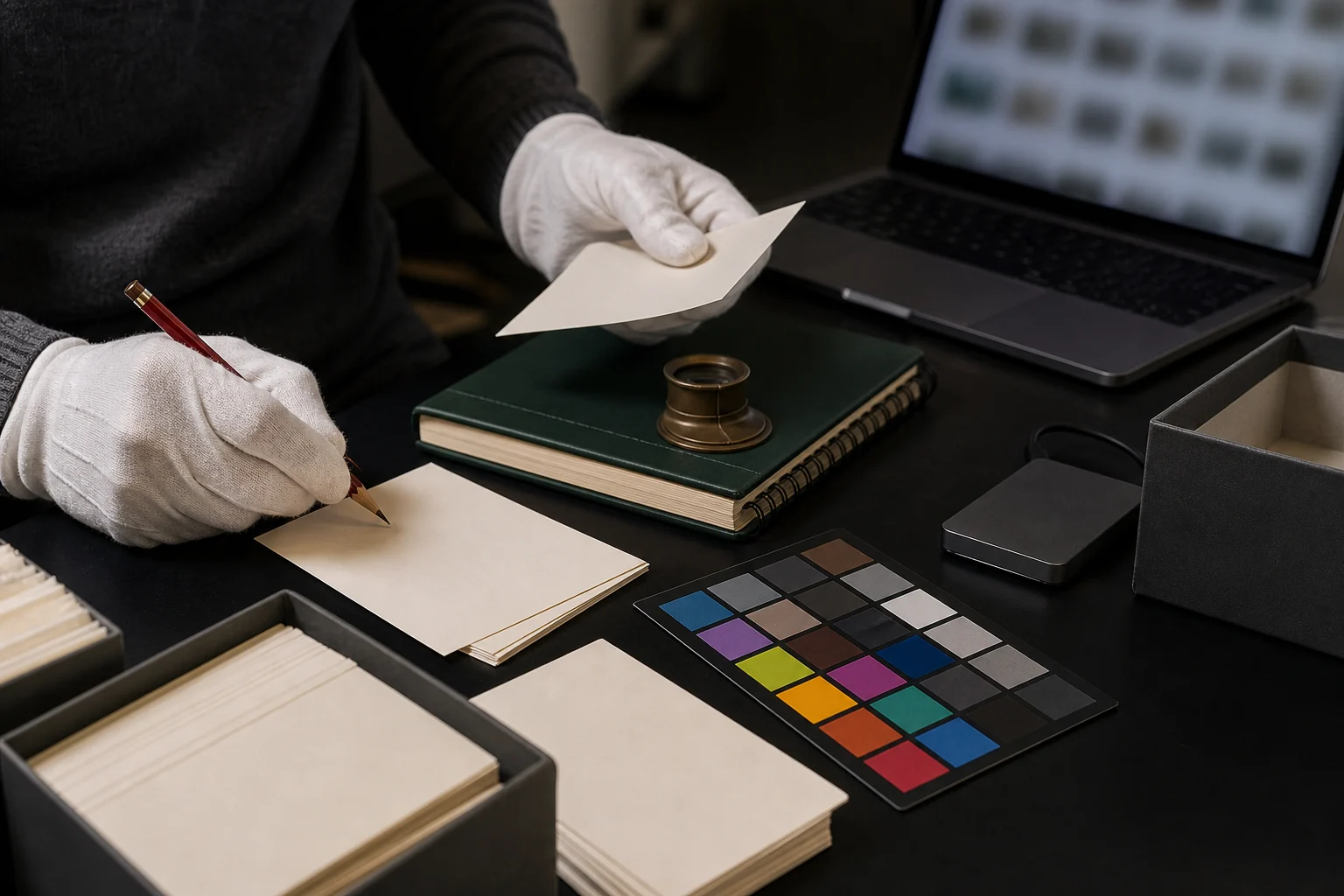 Archive documentation workstation prepared for image-rights and metadata review