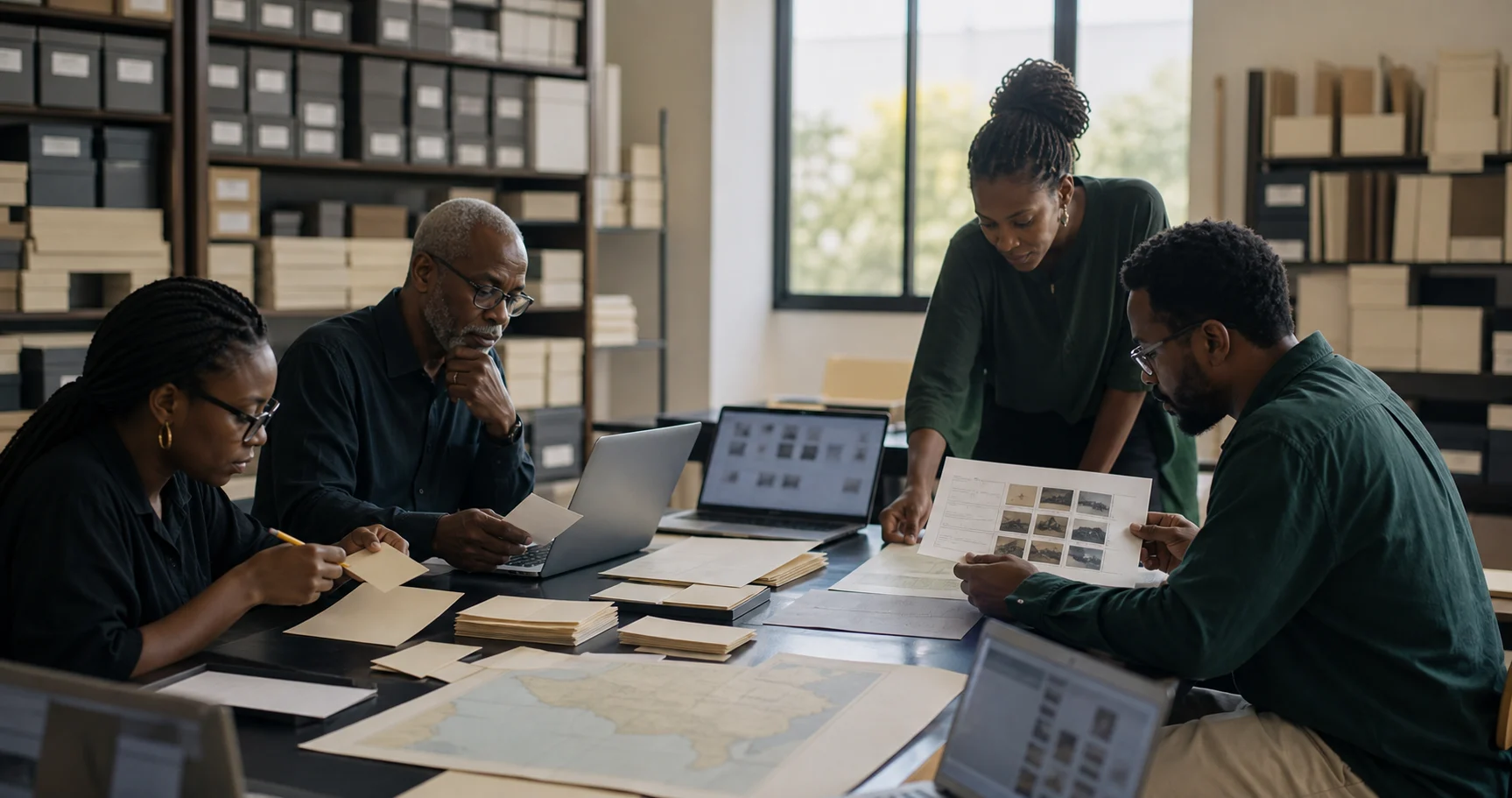 Researchers reviewing blank image-rights and provenance records in an archive reading room