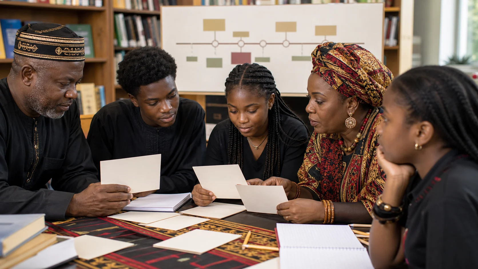 Diaspora heritage group using blank learning cards to discuss museum interpretation