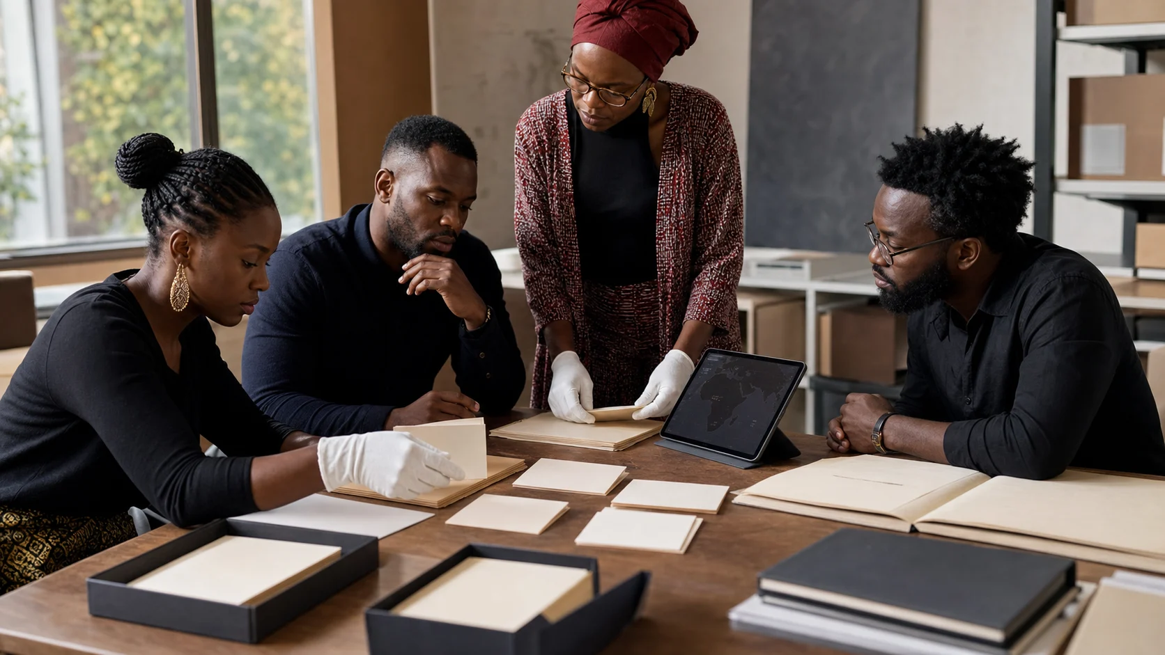 Nigerian and diaspora heritage researchers reviewing blank museum label cards and provenance folders