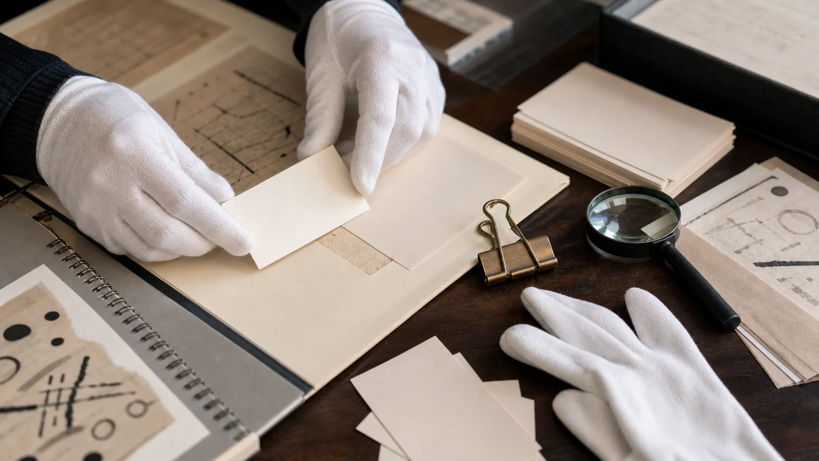 Blank provenance cards and archive materials prepared for source-backed museum interpretation