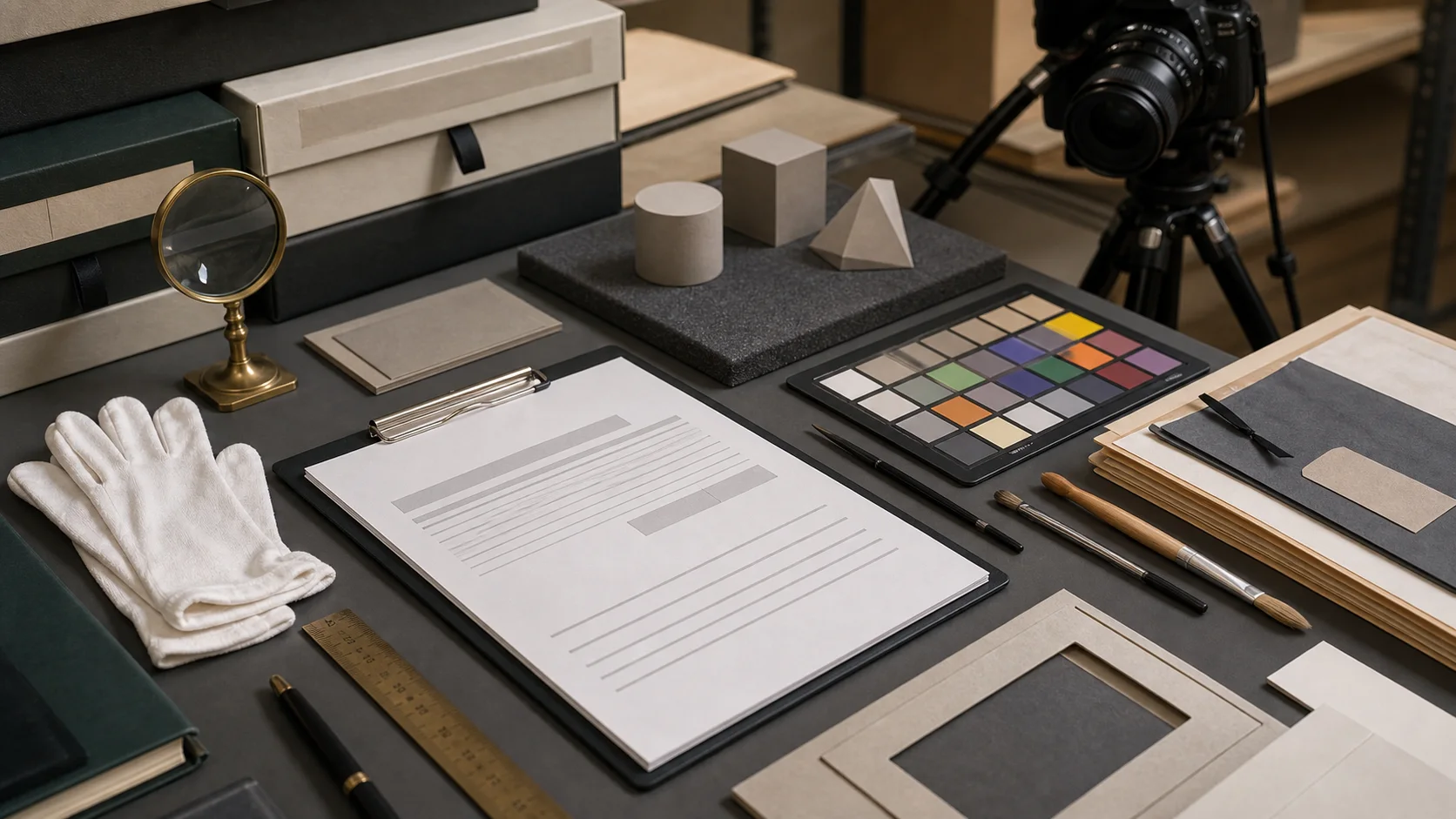 Museum documentation still life with conservation records and ethical provenance tools