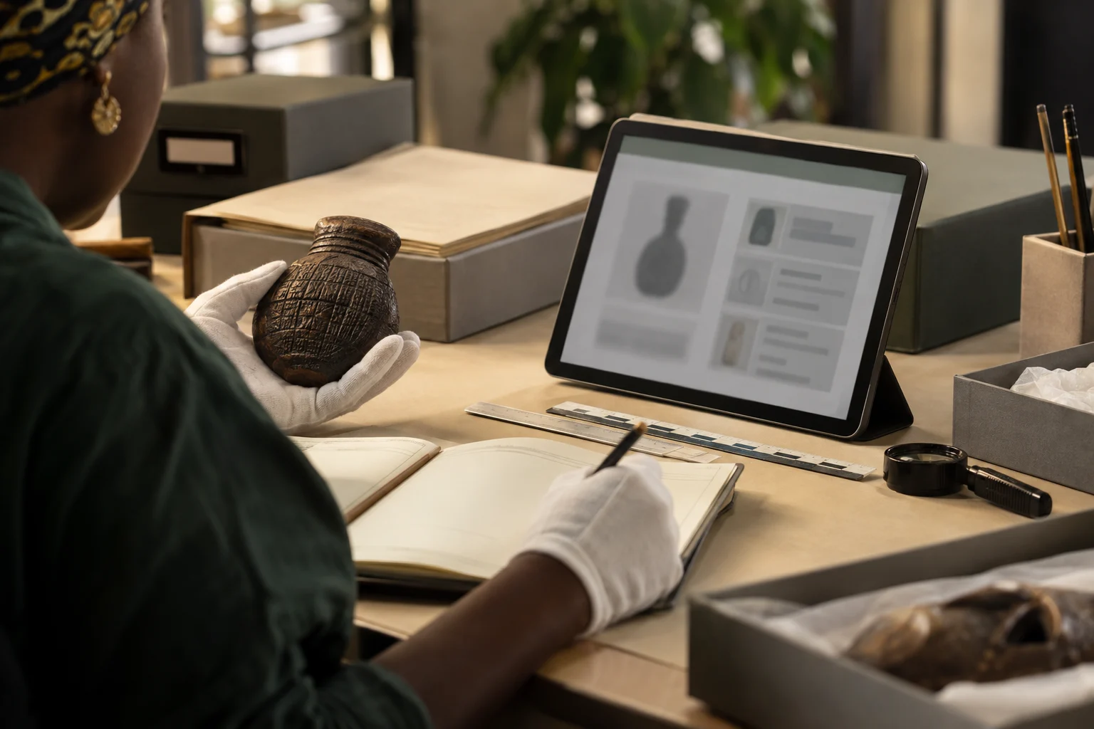 Cotton-gloved heritage worker records a cultural object beside a blurred digital catalogue screen