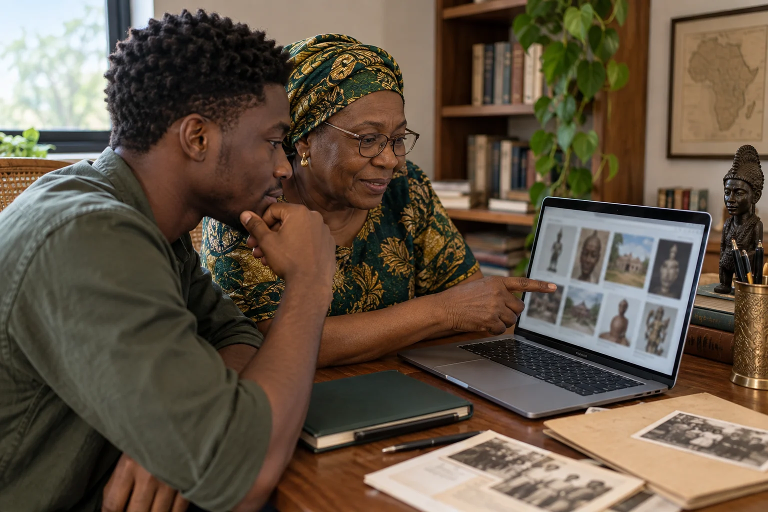 Nigerian family members review blurred online heritage records on a laptop in a study room