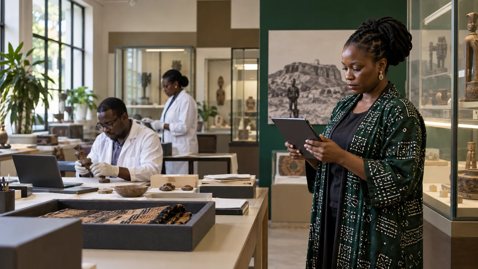 Nigerian heritage workers document cultural objects in a museum digitisation workspace