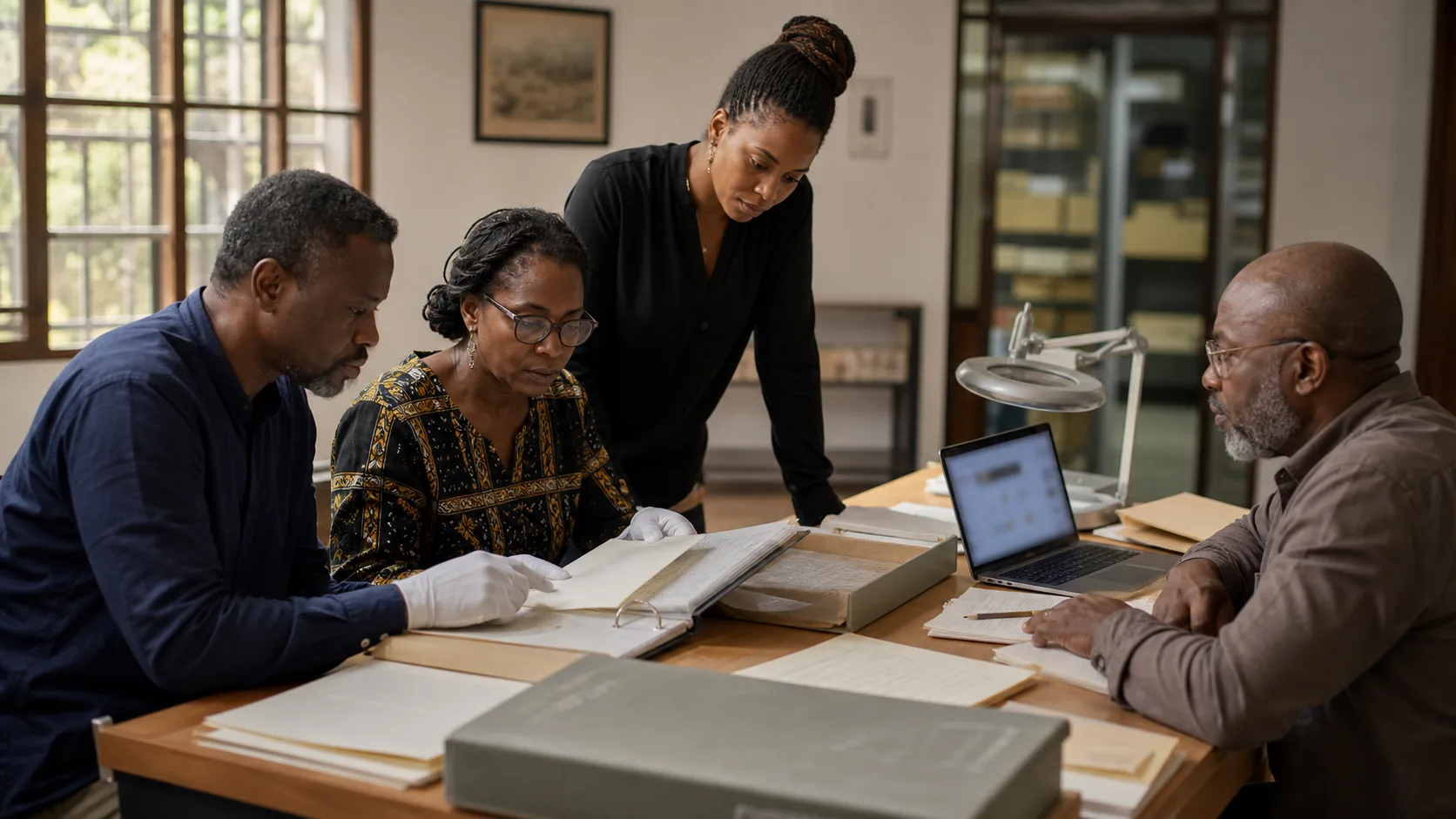 Nigerian museum professionals and diaspora researchers reviewing public heritage records in an archive room