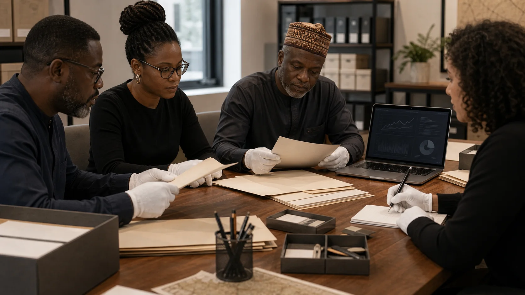 Nigerian and diaspora researchers reviewing restitution agreement folders in an archive meeting room