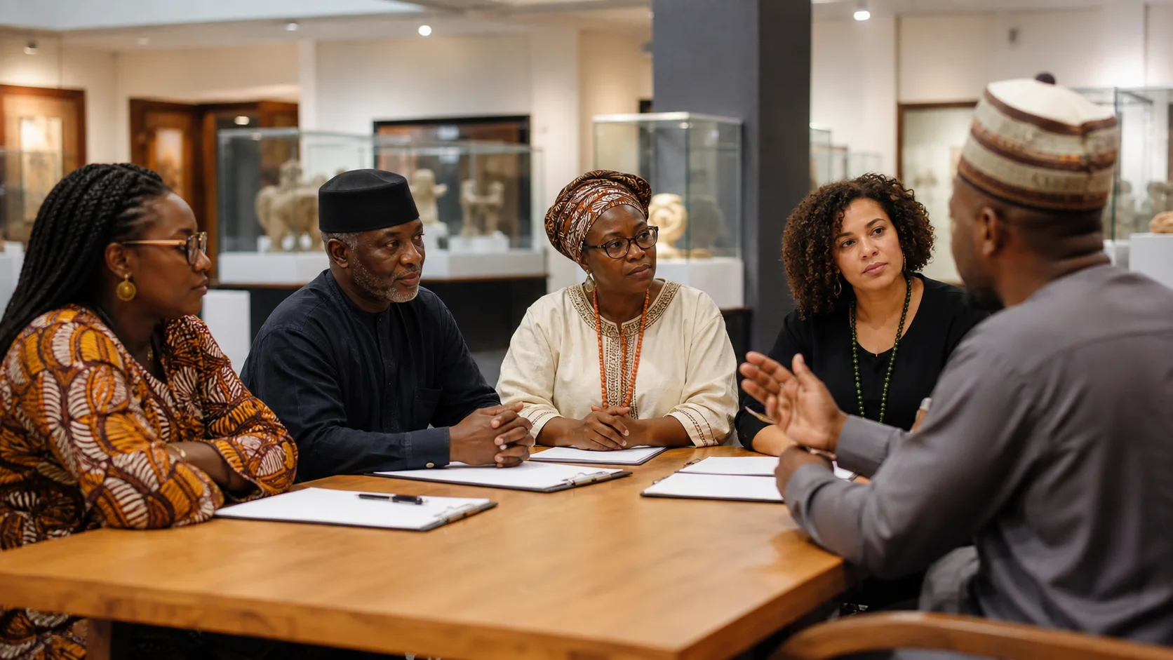 Museum learning room discussion about Nigerian cultural authority and returned heritage