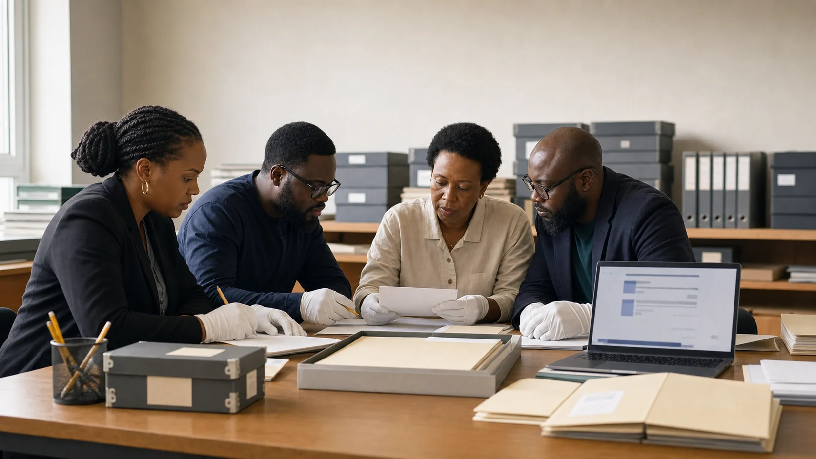 Nigerian and diaspora heritage researchers reviewing provenance folders in an archive reading room
