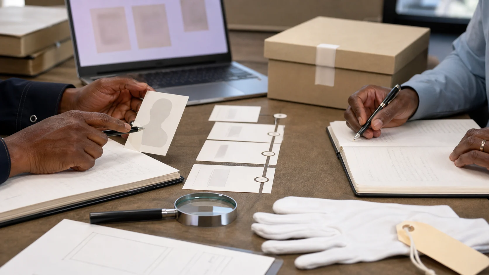 Specialists reviewing blank market records and provenance timeline cards before any sale