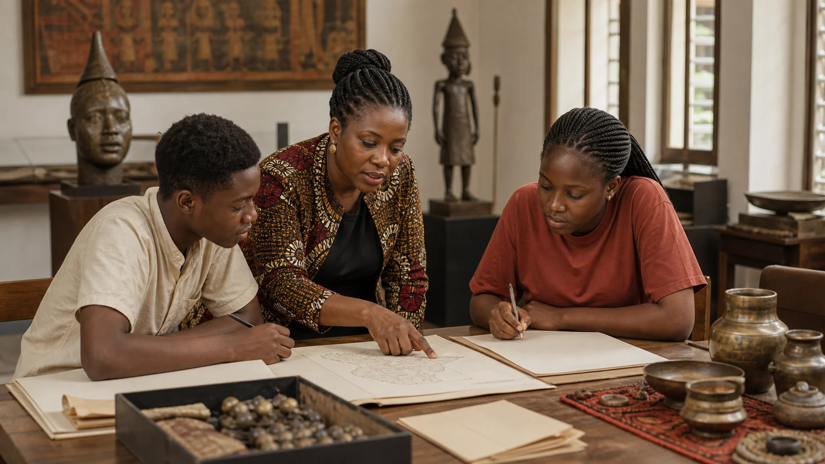 Nigerian curator and students reviewing heritage records in a museum education room