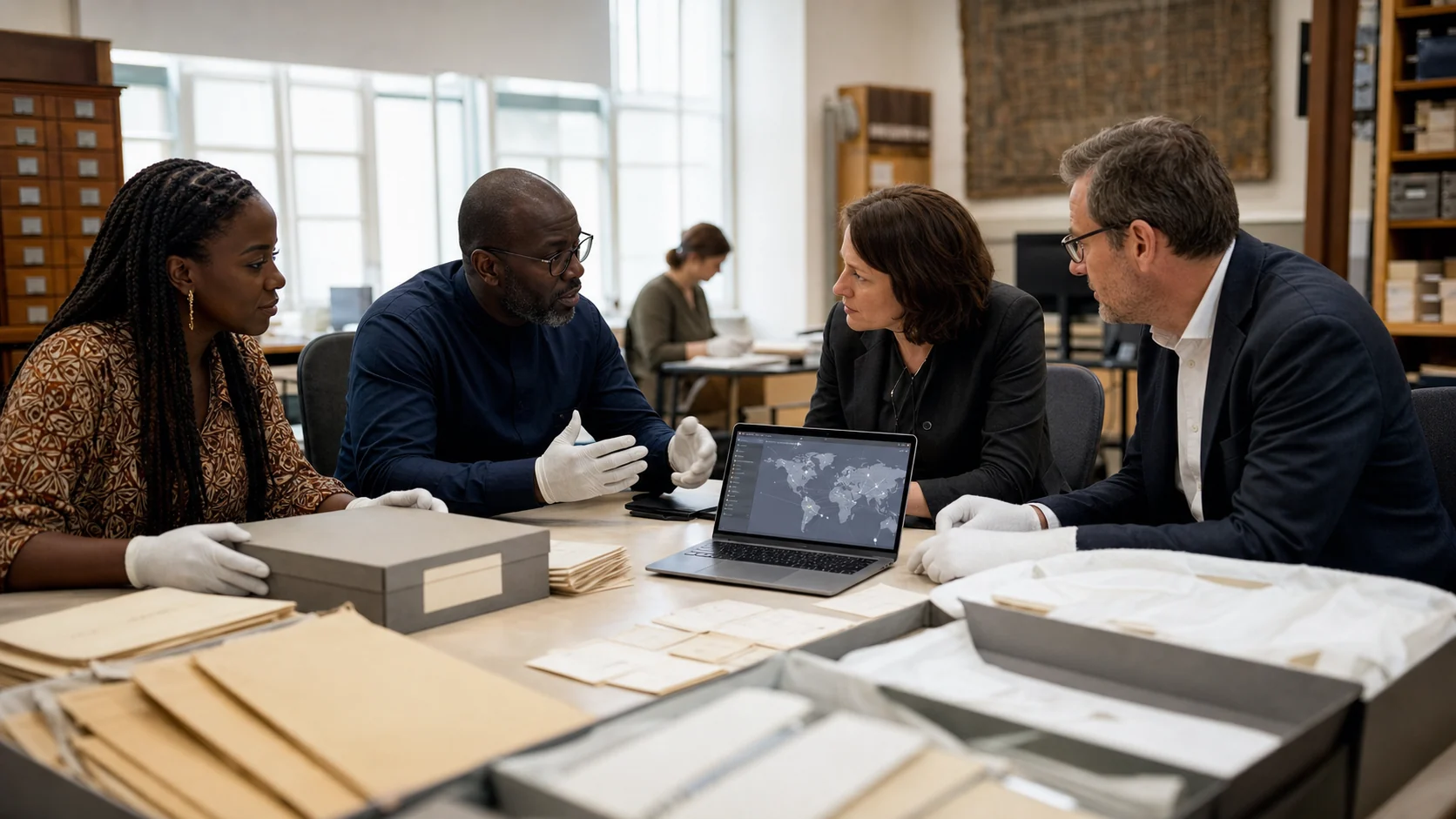 Nigerian and European heritage professionals reviewing blank provenance folders in a museum archive