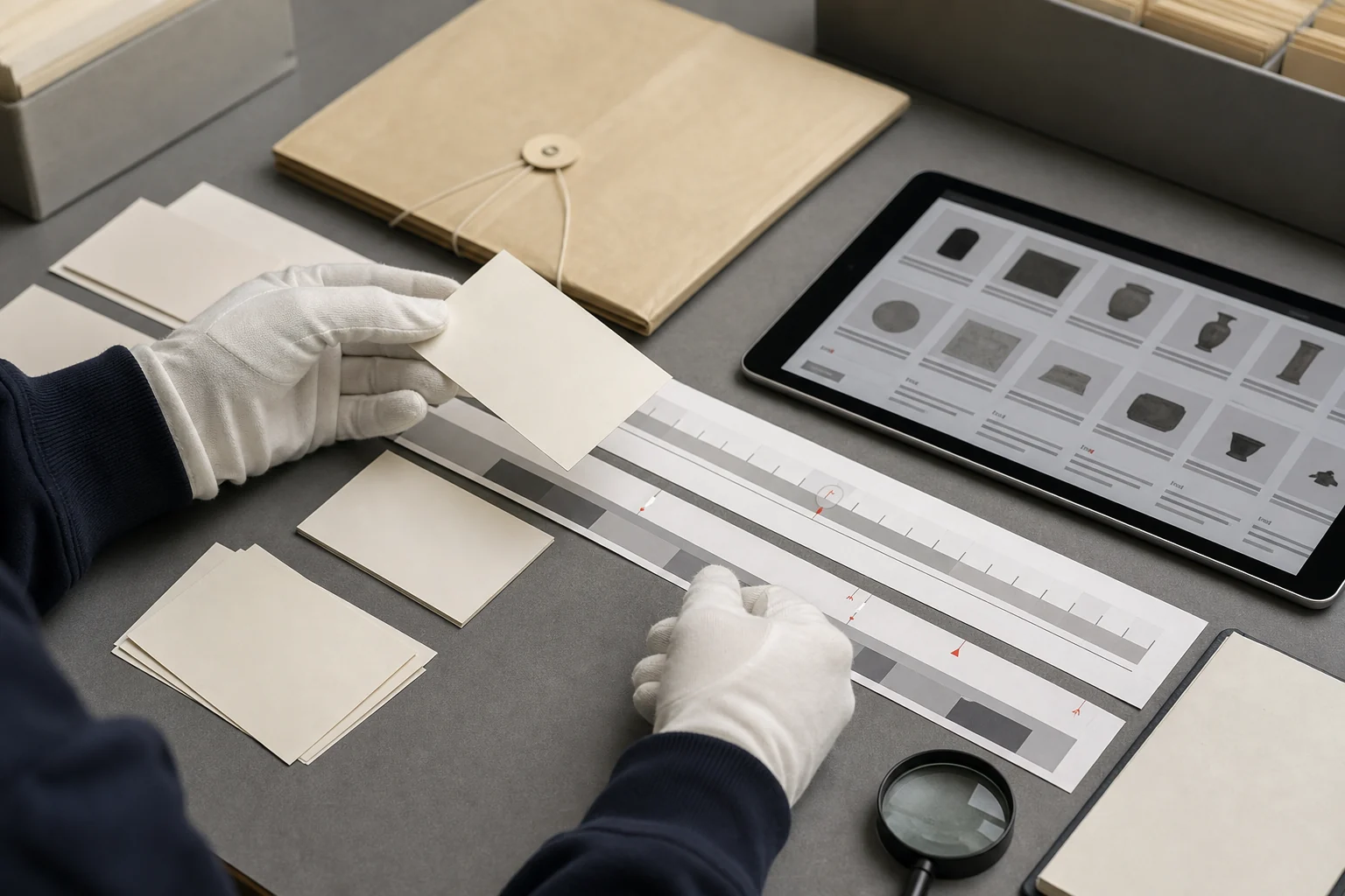 Gloved hands arranging blank accession cards and a neutral digital object-record grid
