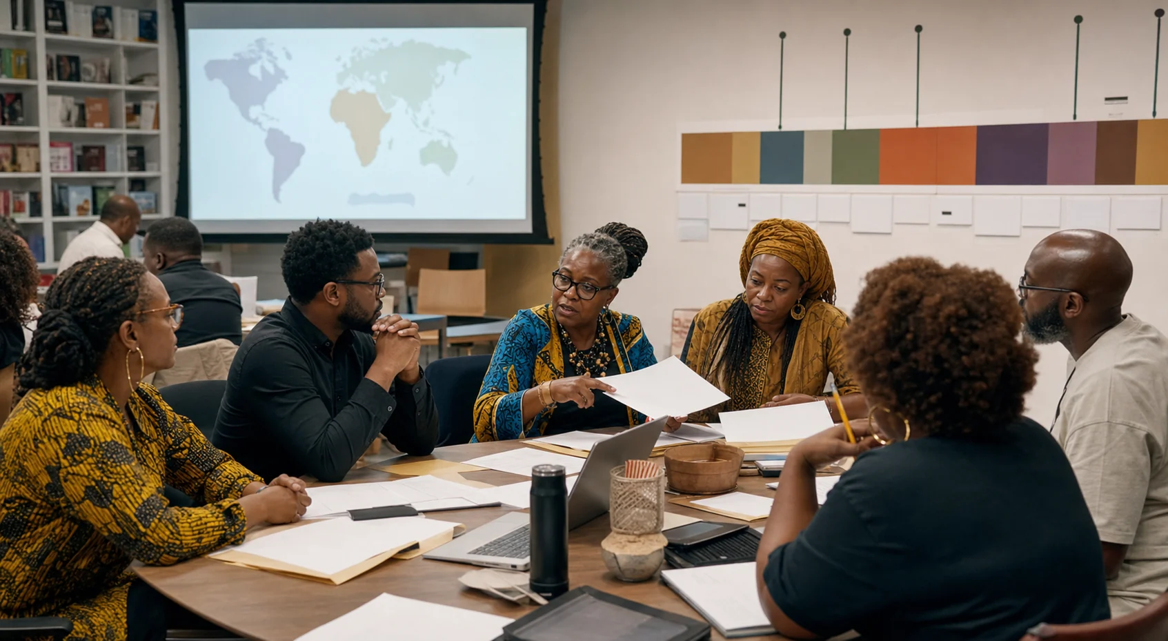 Nigerian educators and diaspora participants reviewing source packets in a heritage workshop