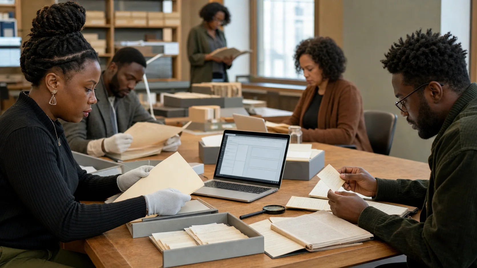 University archive researchers reviewing blank provenance folders and digital records for Nigerian heritage restitution