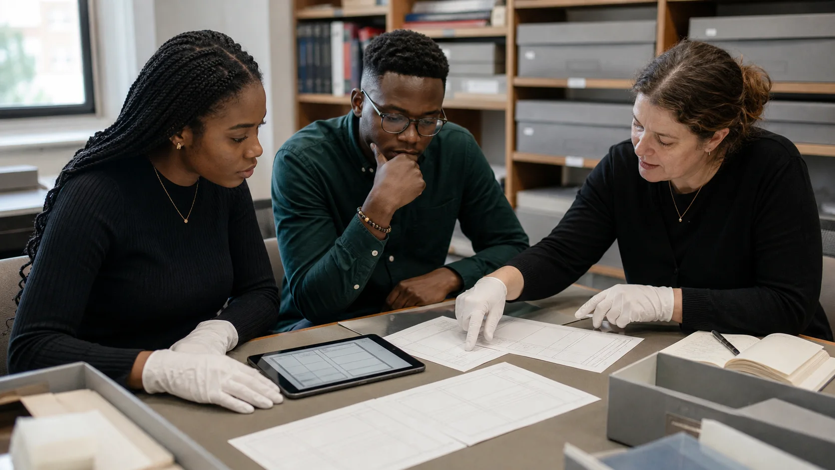 Campus museum study room with students and a curator reviewing blank object record forms